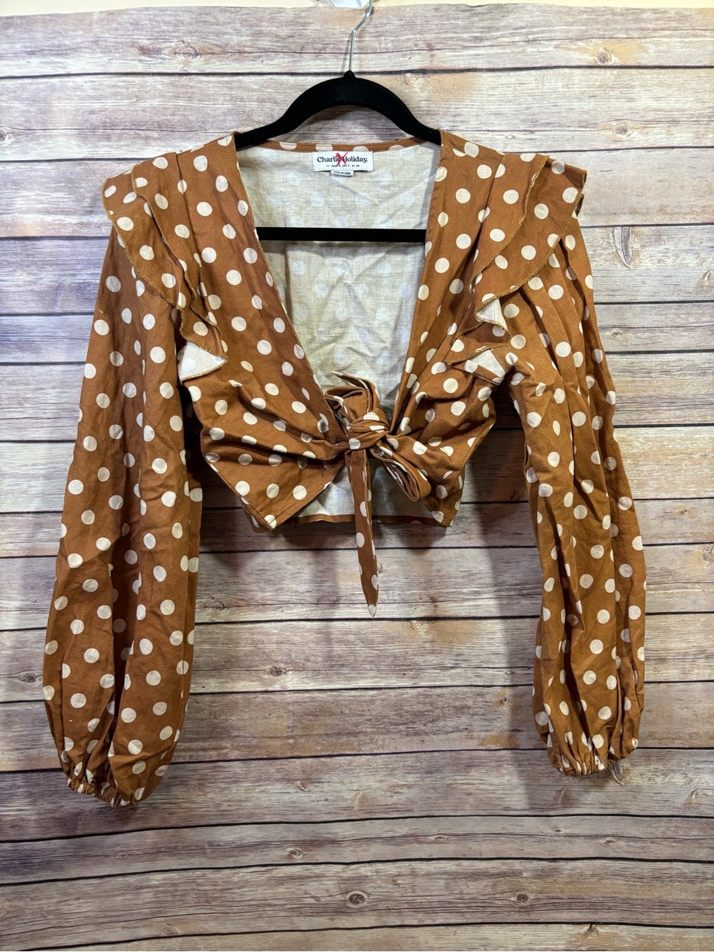 Charlie Holiday Tie Front Polka Dot Linen Blouse Size 2